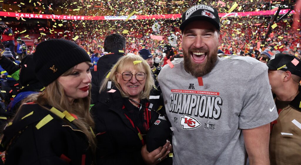 Travis Kelce, Dona Kelce, and Taylor Swift on field