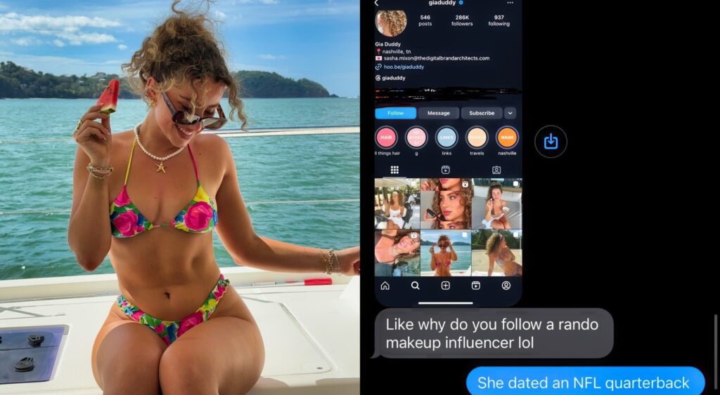 Photo of Gia Duddy on boat and screenshot of Instagram DMs