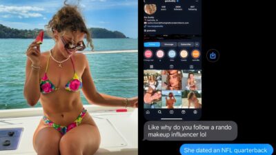 Photo of Gia Duddy on boat and screenshot of Instagram DMs