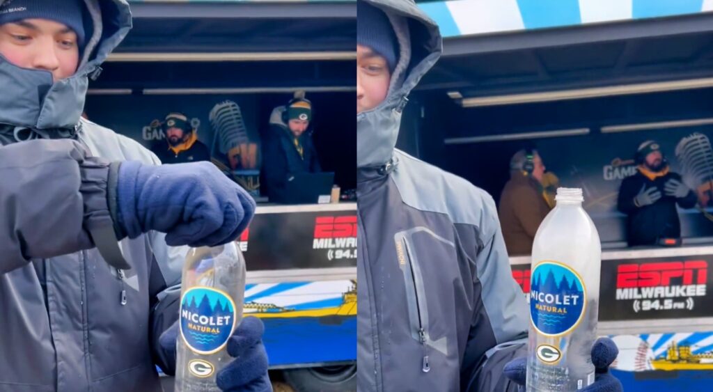 Photos of Green Bay Packers fan opening bottle of water