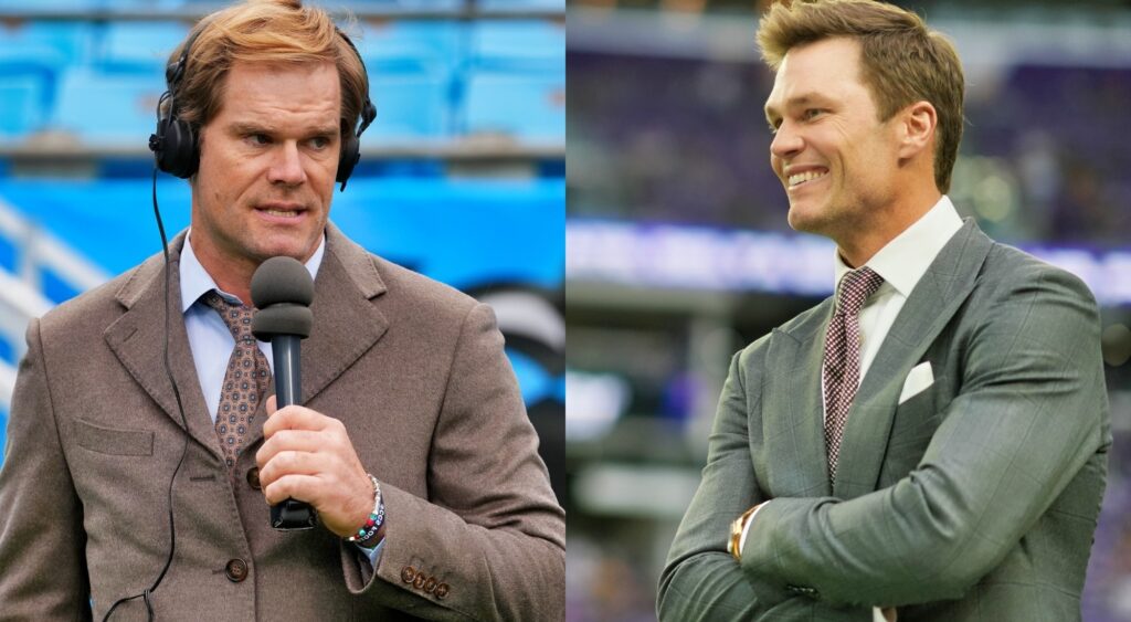 Photo of Greg Olsen speaking into mic and photo of Tom Brady smiling