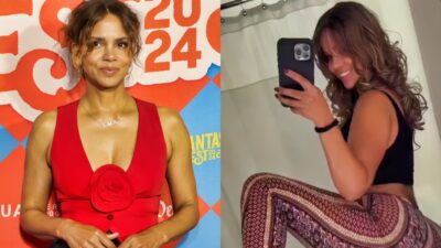 Photo of Halle Berry in red bluse and photo of woman with one leg up