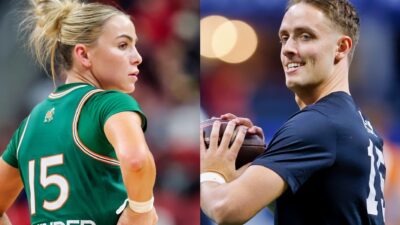 Photos of Hanna Cavinder in Miami uniform and Carson Beck holding a football