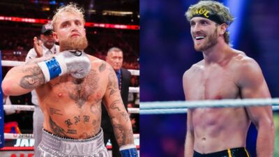 Photos of Logan and Jake Paul in the ring