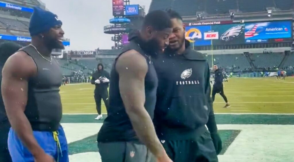 Jared Verse and Jalen Carter have words before the game.