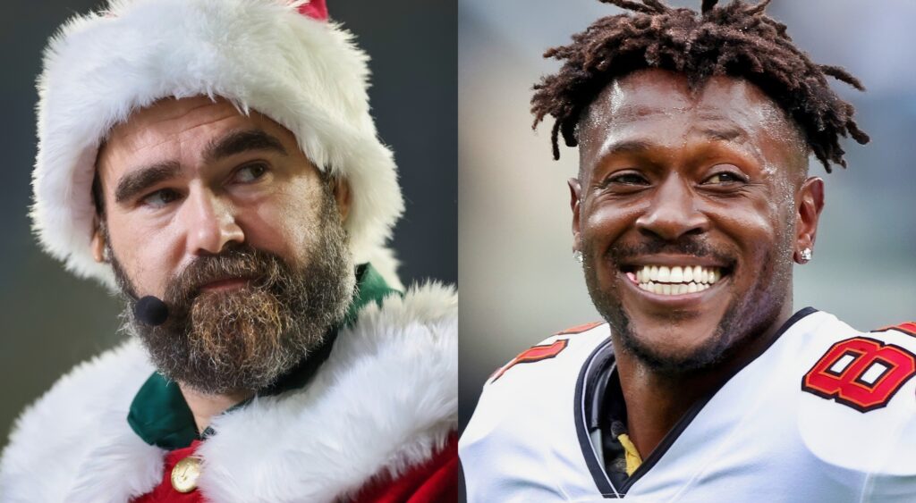 Photos of Jason Kelce in Santa suit and Antonio Brown smiling