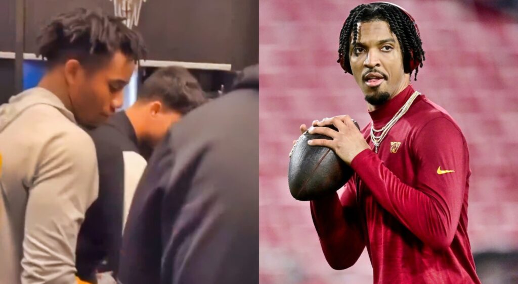 Jayden Daniels in Commanders gear and ASU players in locker room