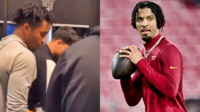 Jayden Daniels in Commanders gear and ASU players in locker room