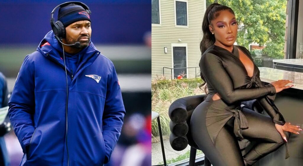 Photo of Jerod Mayo in Patriots gear and photo of Chantel Mayo in black outfit