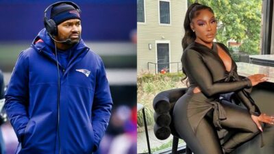 Photo of Jerod Mayo in Patriots gear and photo of Chantel Mayo in black outfit