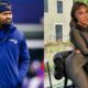 Photo of Jerod Mayo in Patriots gear and photo of Chantel Mayo in black outfit