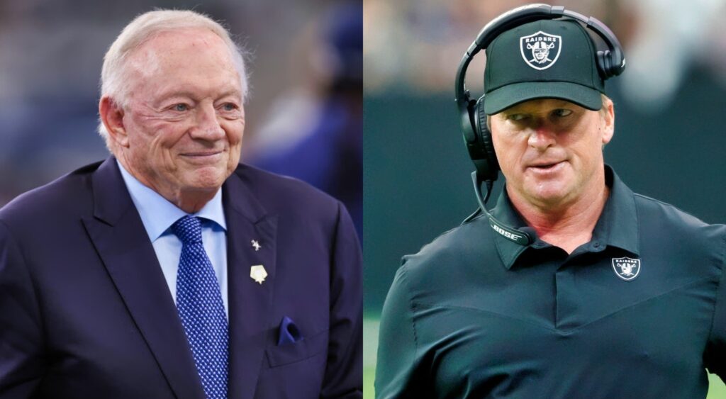 Jerry Jones in suit and Jon Gruden on sidelines