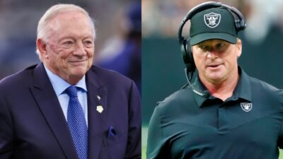 Jerry Jones in suit and Jon Gruden on sidelines