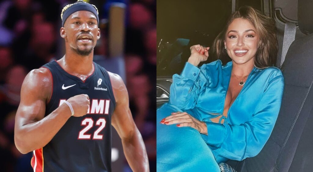 Photos of Jimmy Butler in Heat uniform and photo of Kaitlin Nowak in blue robe