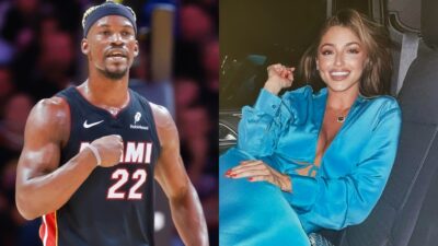 Photos of Jimmy Butler in Heat uniform and photo of Kaitlin Nowak in blue robe