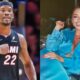 Photos of Jimmy Butler in Heat uniform and photo of Kaitlin Nowak in blue robe