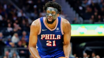 Joel Embiid of the Philadelphia 76ers dribbling the ball