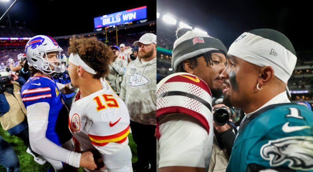 Josh Allen, Patrick Mahomes, Jayden Daniels and Jalen Hurts greeting each other