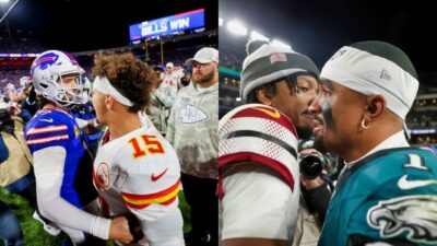 Josh Allen, Patrick Mahomes, Jayden Daniels and Jalen Hurts greeting each other