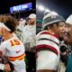 Josh Allen, Patrick Mahomes, Jayden Daniels and Jalen Hurts greeting each other