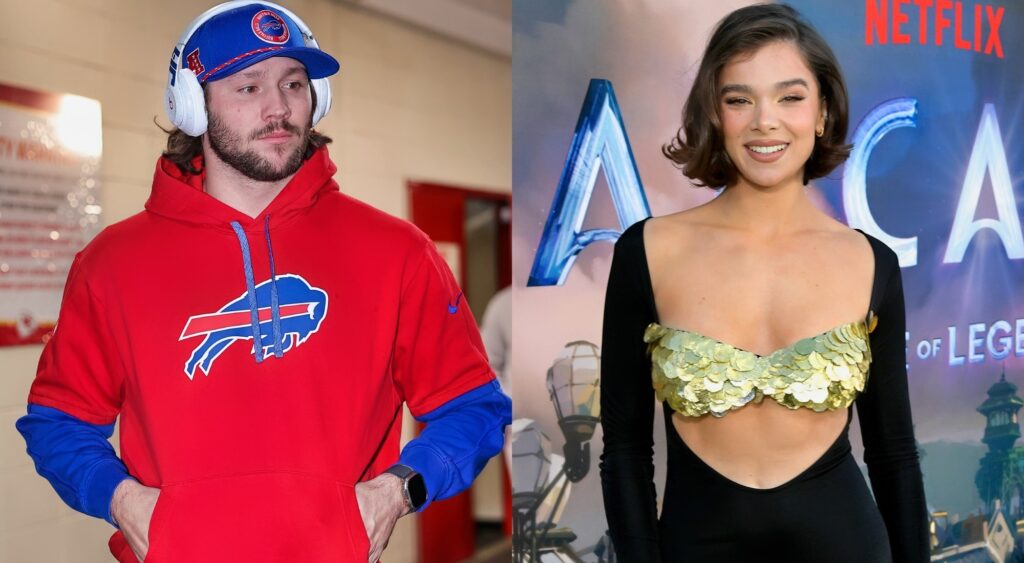 Photo of Josh Allen in Bills hoodie and photo of Hailee Steinfeld smiling