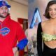 Photo of Josh Allen in Bills hoodie and photo of Hailee Steinfeld smiling