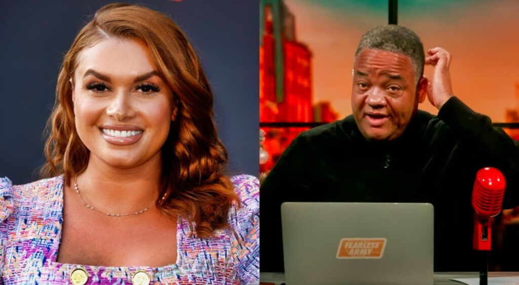 Joy Taylor posing and Jason Whitlock on podcast