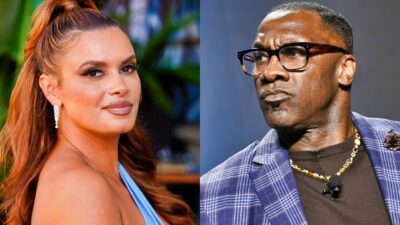 Photos of Joy Taylor and Shannon Sharpe in blue outfits