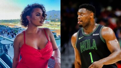 Joy Taylor posing in red dress and Zion Williamson on court