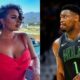 Joy Taylor posing in red dress and Zion Williamson on court