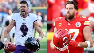 Justin Tucker and Travis Kelce in uniform