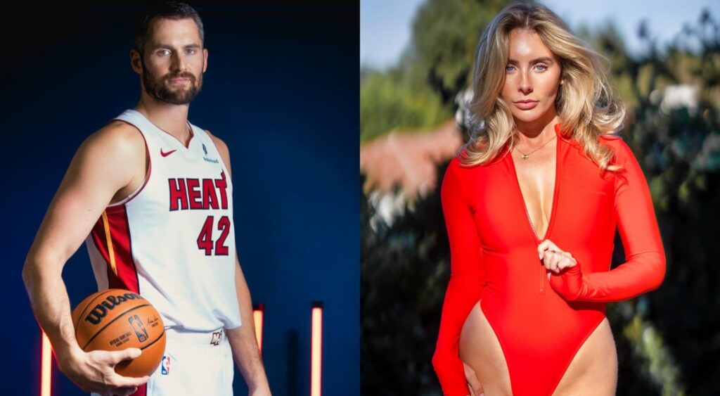 Kevin Love in Heat uniform and Bonnie Blue posing in bikini