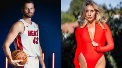 Kevin Love in Heat uniform and Bonnie Blue posing in bikini