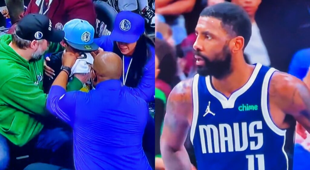 Photo of Mavericks fan nursing bloody nose and photo of Kyrie Irving staring