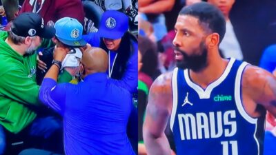 Photo of Mavericks fan nursing bloody nose and photo of Kyrie Irving staring