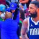 Photo of Mavericks fan nursing bloody nose and photo of Kyrie Irving staring