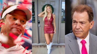 Lane Kiffin on field, Nick Saban on bradcast, and Sydney Thomas posing by door