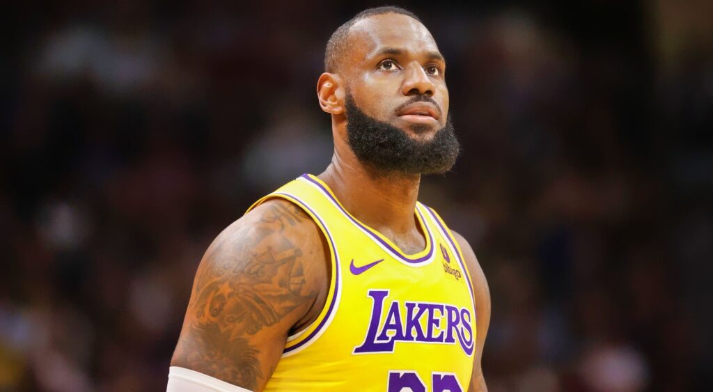 LeBron James #23 of the Los Angeles Lakers looks towards the crowd during a timeout against the Denver Nuggets