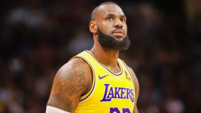 LeBron James #23 of the Los Angeles Lakers looks towards the crowd during a timeout against the Denver Nuggets