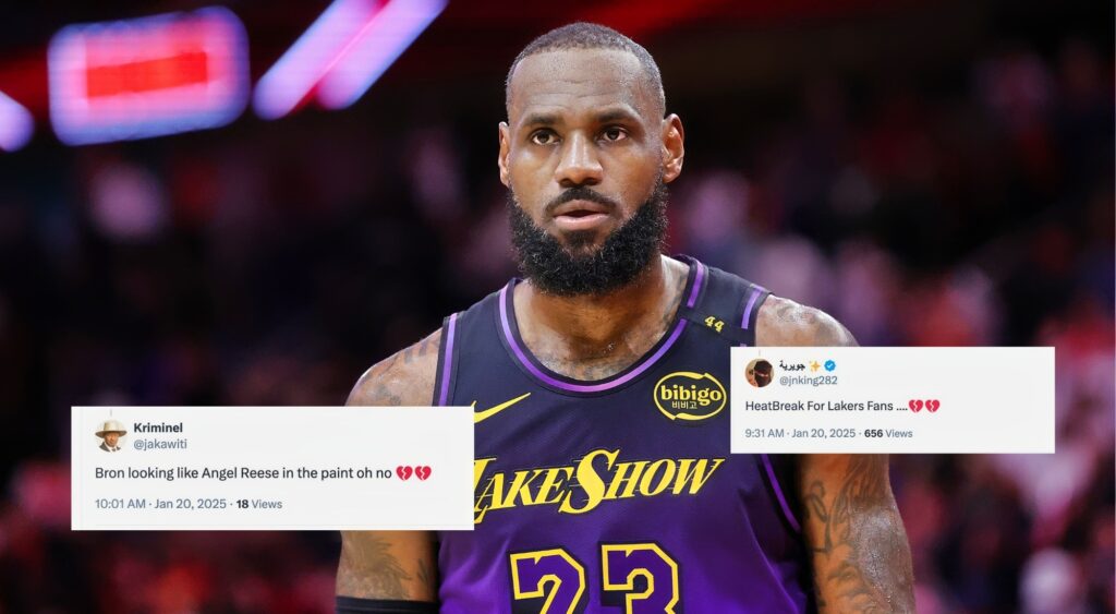 LeBron James sparks social media trolling after failing to convert an easy basket despite multiple rebounds during a Lakers game