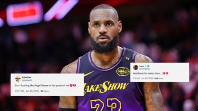 LeBron James sparks social media trolling after failing to convert an easy basket despite multiple rebounds during a Lakers game