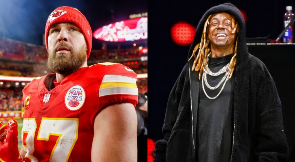 Lil Wayne on stage and Travis Kelce in uniform