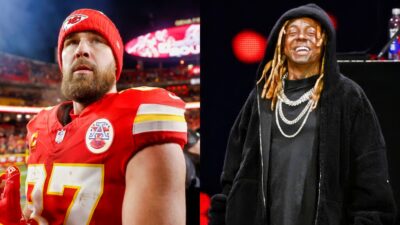 Lil Wayne on stage and Travis Kelce in uniform