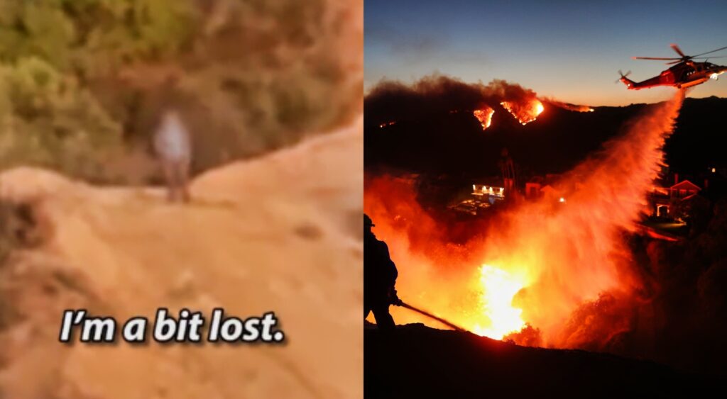 Photo of hiker in Topanga and photo of Los Angeles fire