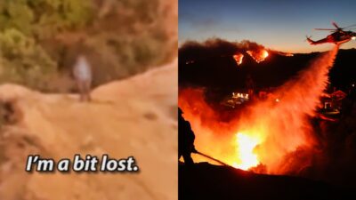 Photo of hiker in Topanga and photo of Los Angeles fire