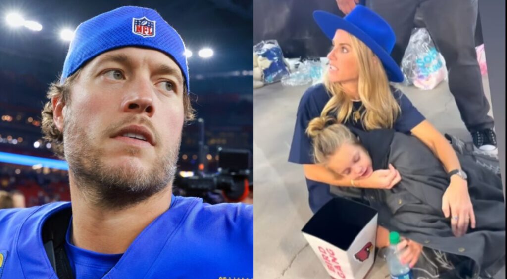 Matthew Stafford on the field and his wife tending to his sick daughter at Playoff game.