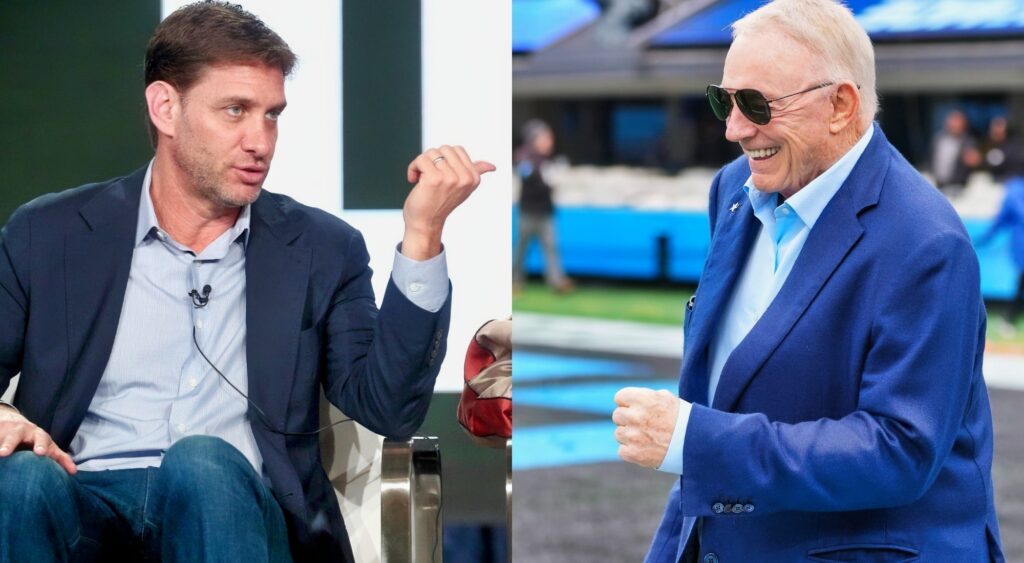 Photos of Mike Greenberg and Jerry Jones in suits