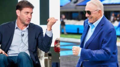 Photos of Mike Greenberg and Jerry Jones in suits