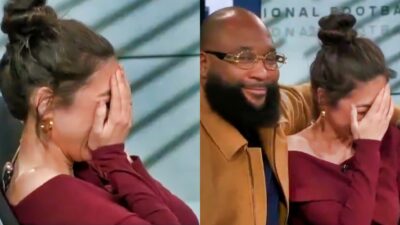 Photo of Mina Kimes holding her face in her hands and photo of Marcus Spears with an arm around Mina Kimes