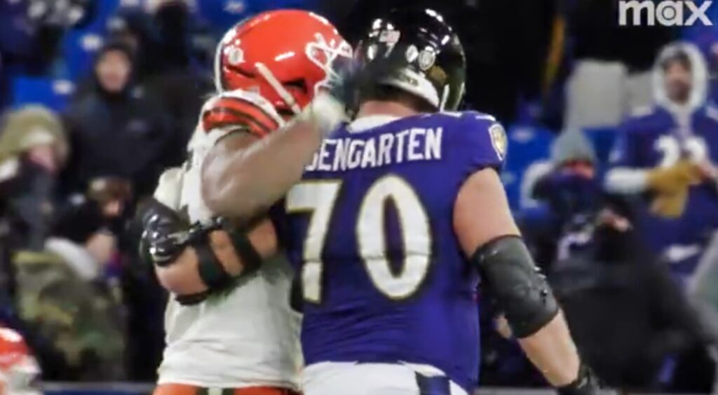 Myles Garrett and Roger Rosengarten on field